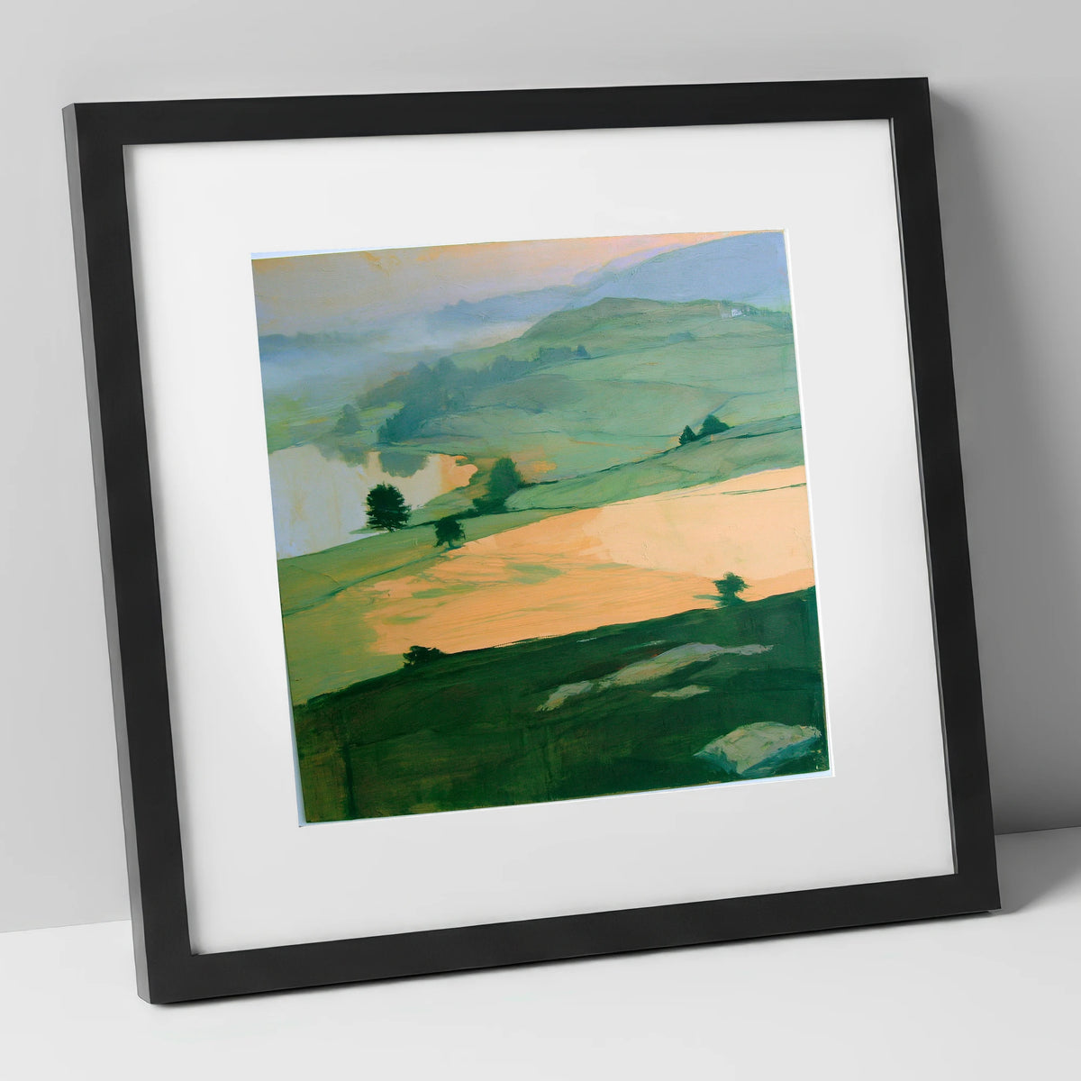Misty Valley In Apricot Light lake district sky art print in black frame