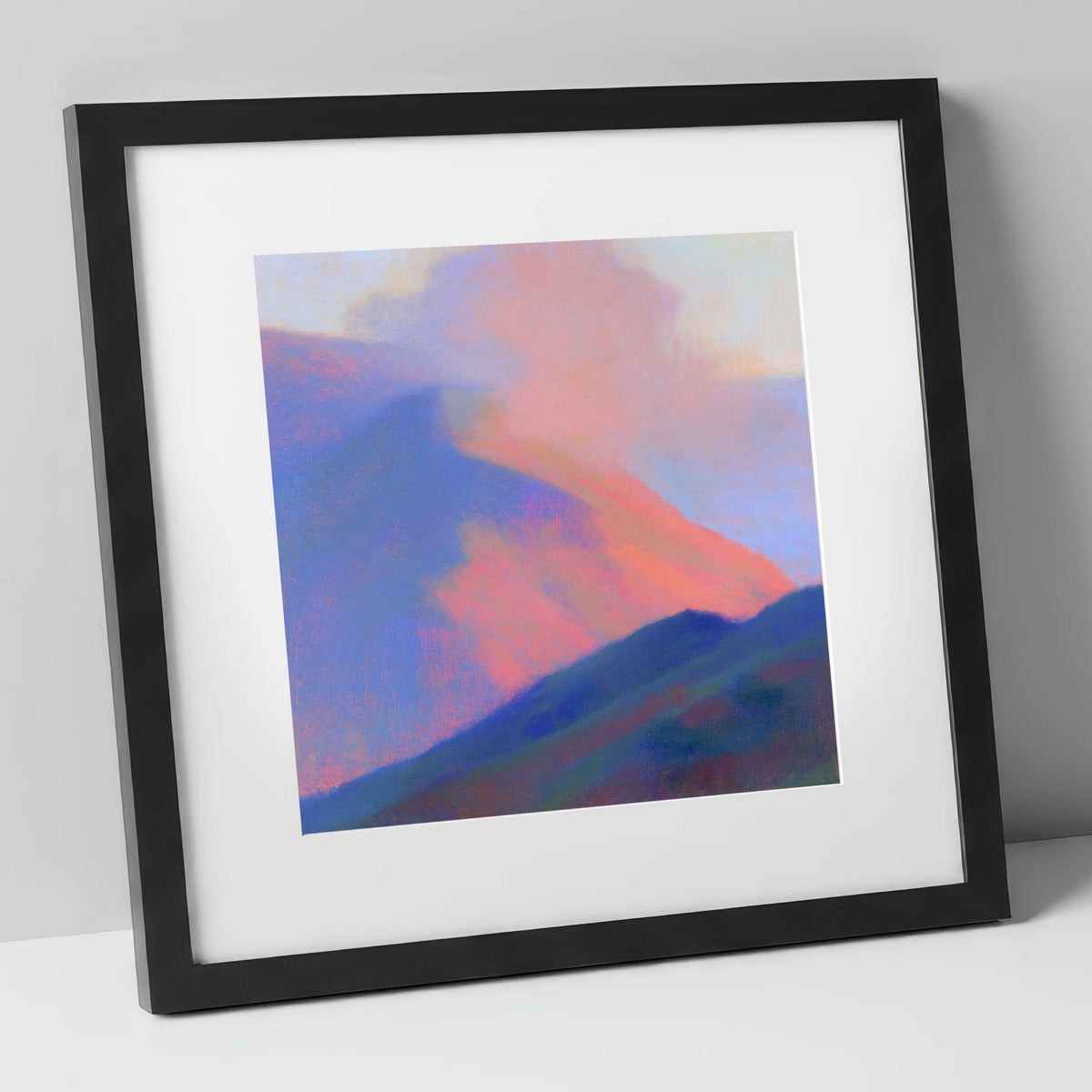 Pink Light on Rolling Fells lake district fell art print in black frame