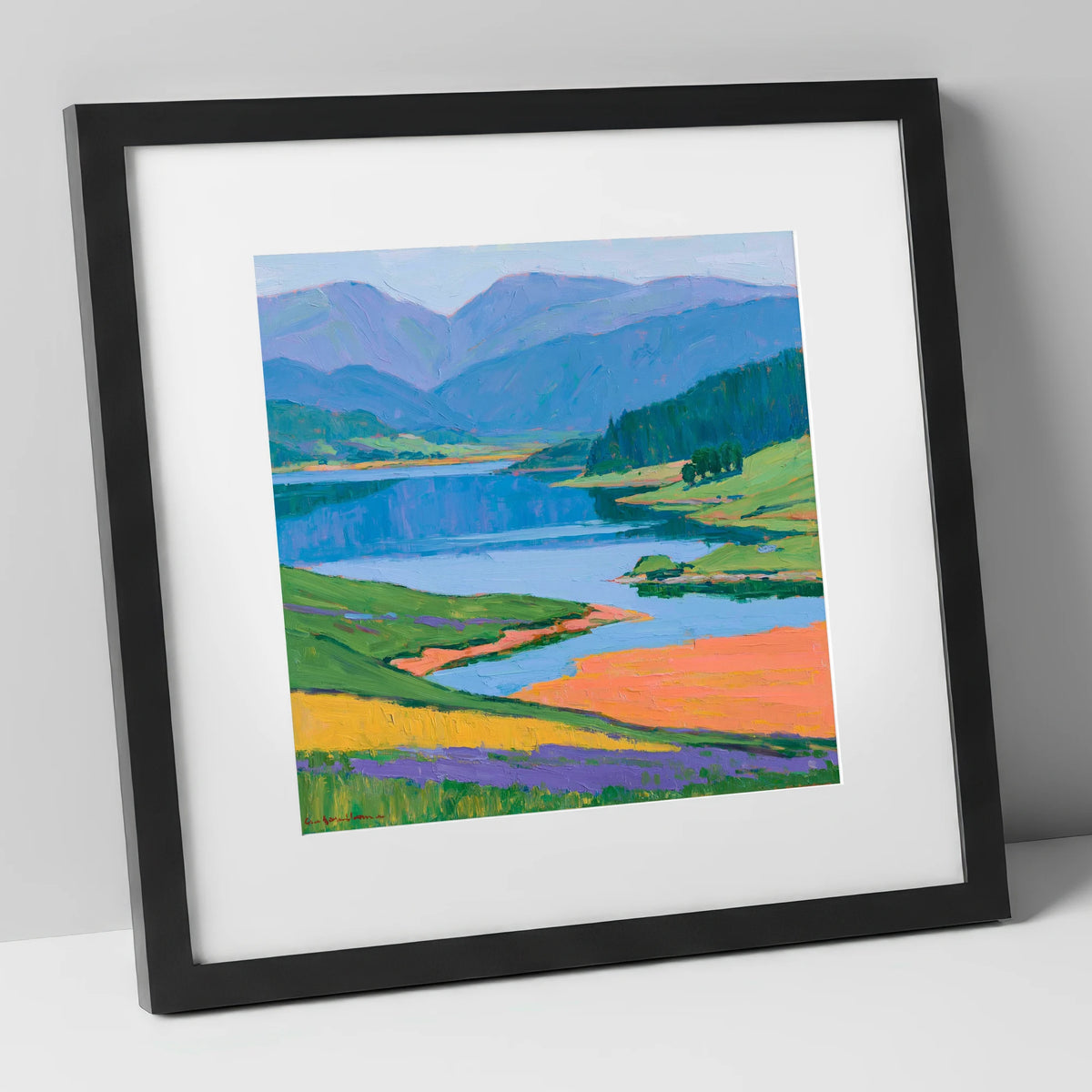 Vibrant Lake and Violet Fells lake district lake art print in black frame