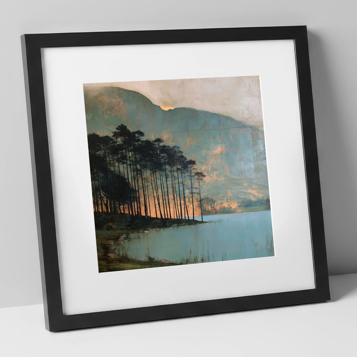 Buttermere Pines in Golden Light lake district lake art print in black frame