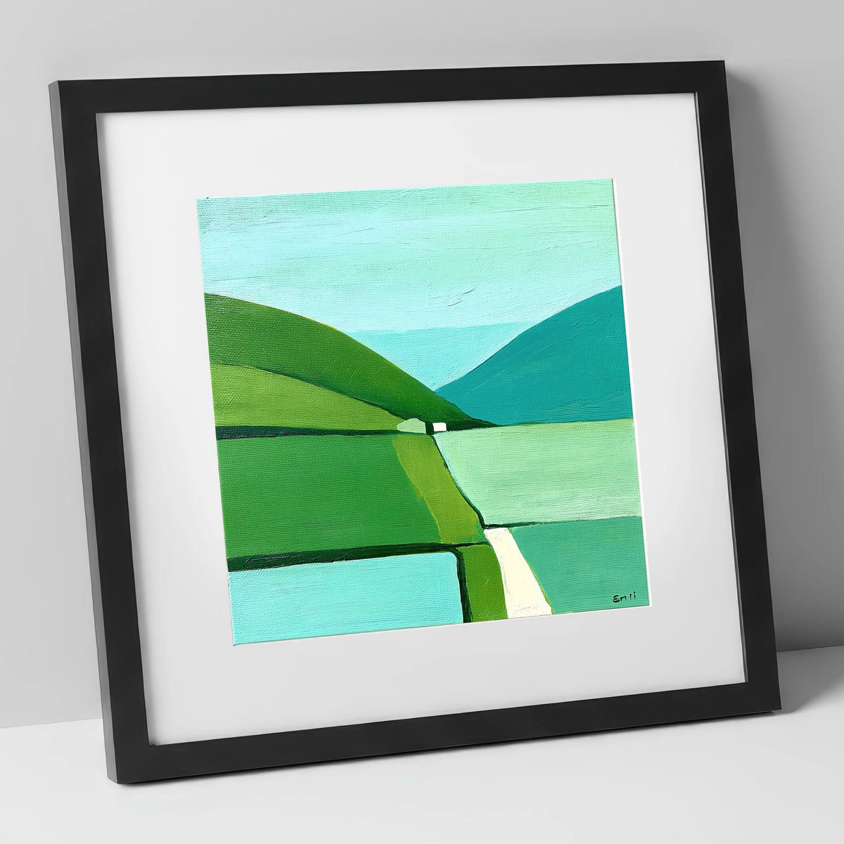 Geometric Green Valley Between Fells lake district valley art print in black frame