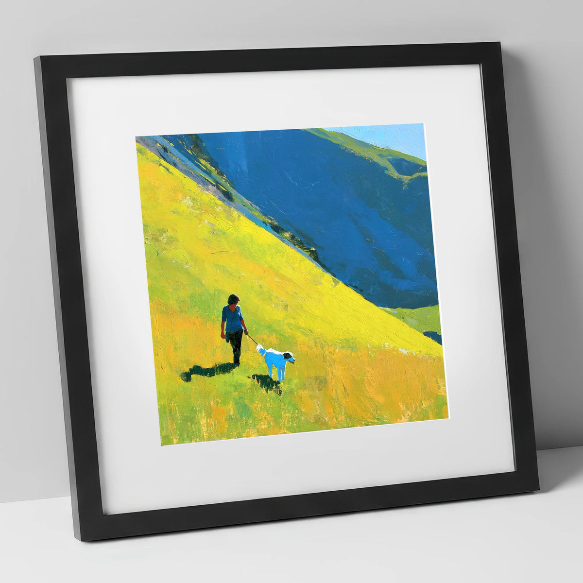 Sunlit Dog Walk on Helvellyn gifts for dog walkers art print in black frame