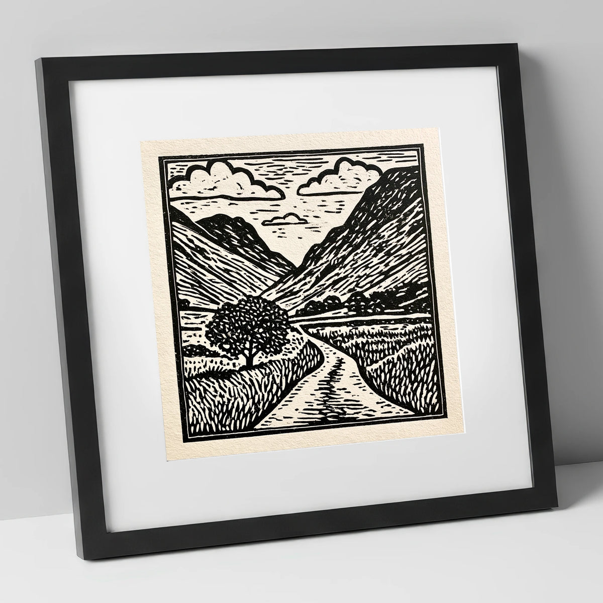 Monochrome Hardknott Pass Landscape lake district valley art print in black frame
