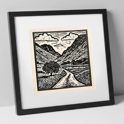 Monochrome Hardknott Pass Landscape lake district valley art print in black frame