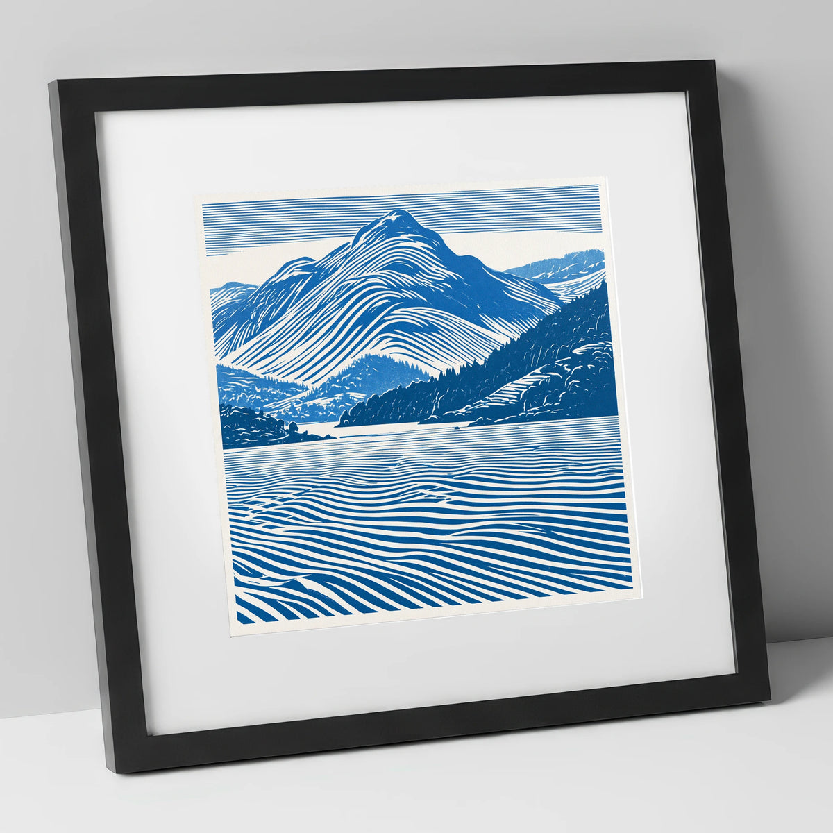Catbells in Cobalt Blue lake district fell art print in black frame