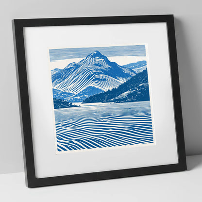 Catbells in Cobalt Blue lake district fell art print in black frame