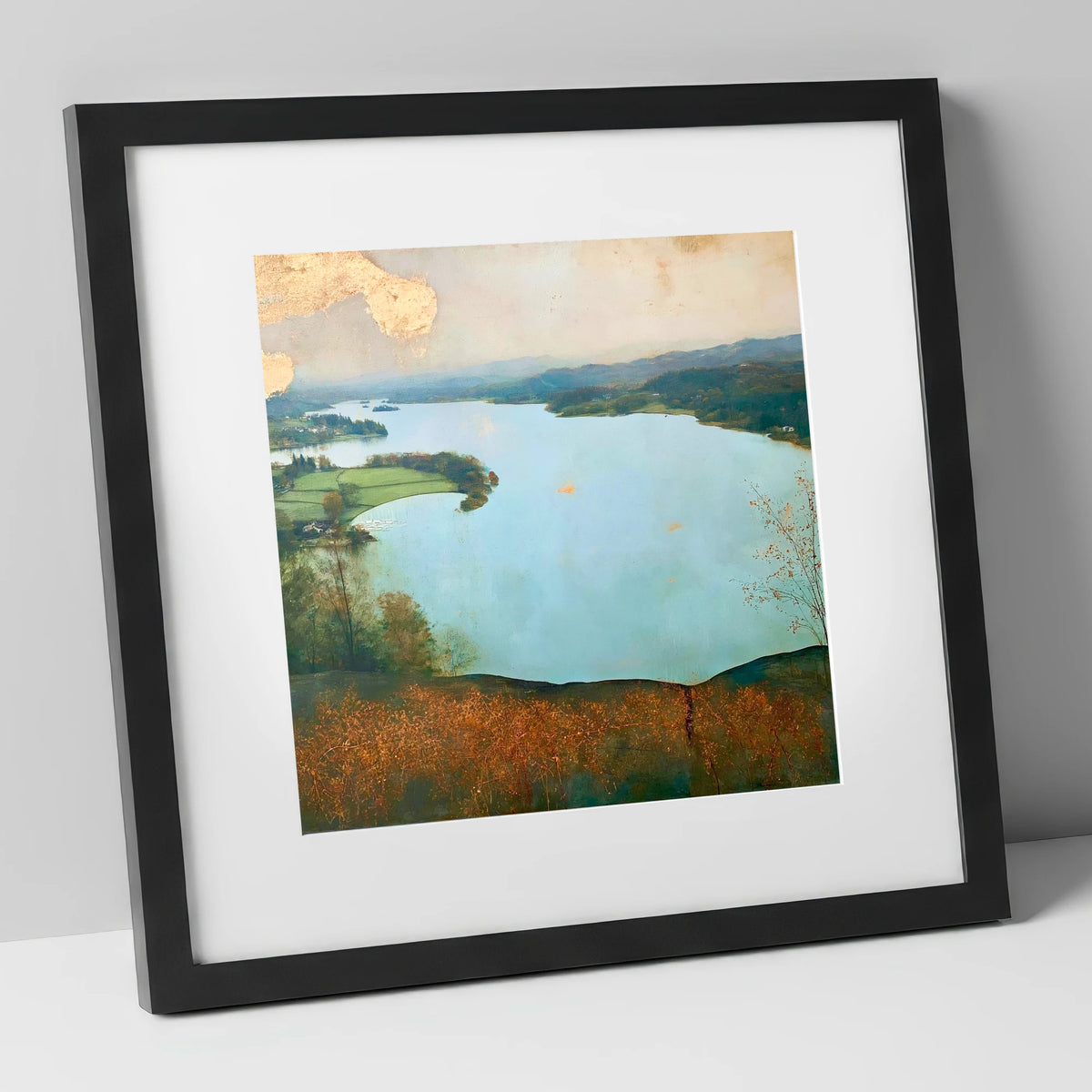 Windermere Over Autumn Bracken lake district lake art print in black frame