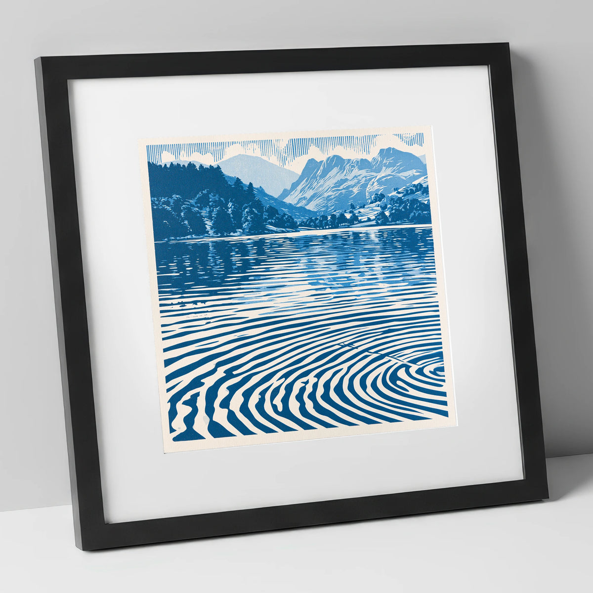 Cobalt Blue Lake at Dawn lake district lake art print in black frame