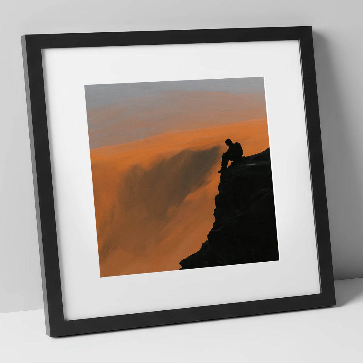 Blencathra Walker Silhouette in Amber lake district fell art print in black frame