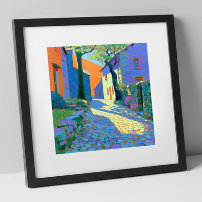 Dappled Sunlight on Village Cobbles lake district village art print in black frame
