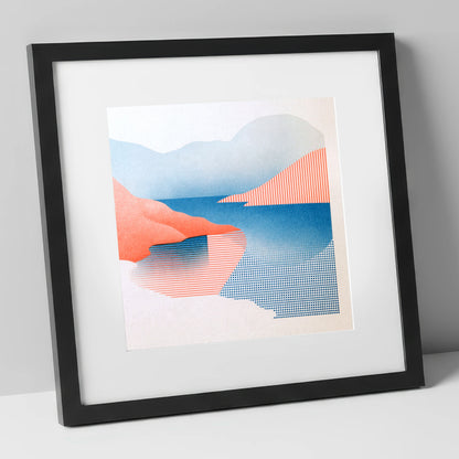 Buttermere Fells in Coral and Blue lake district lake art print in black frame