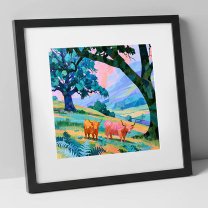 Vibrant Highland Cattle Beneath Fells lake district wildlife art print in black frame