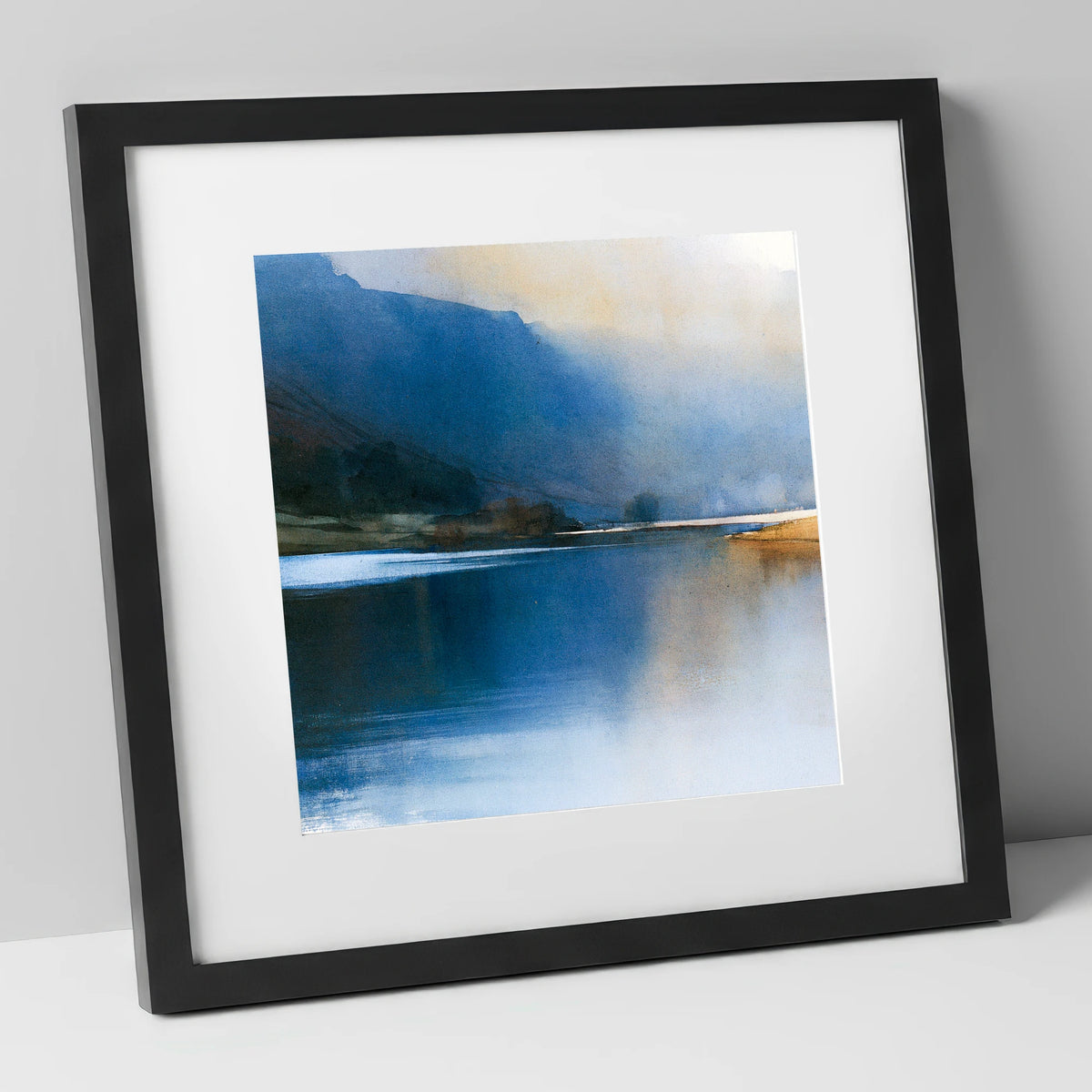 Indigo Fells and Lake Mist lake district lake art print in black frame