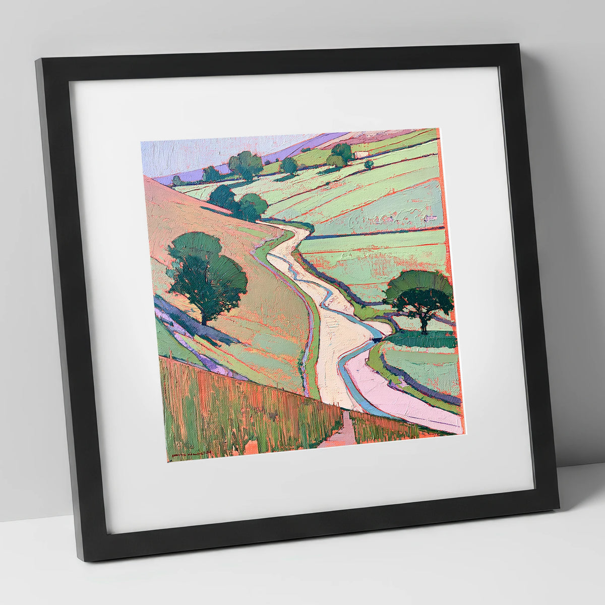 Winding River In Pastel Valley lake district waterfall art print in black frame