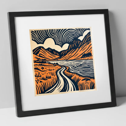 Ennerdale in Navy and Terracotta lake district valley art print in black frame