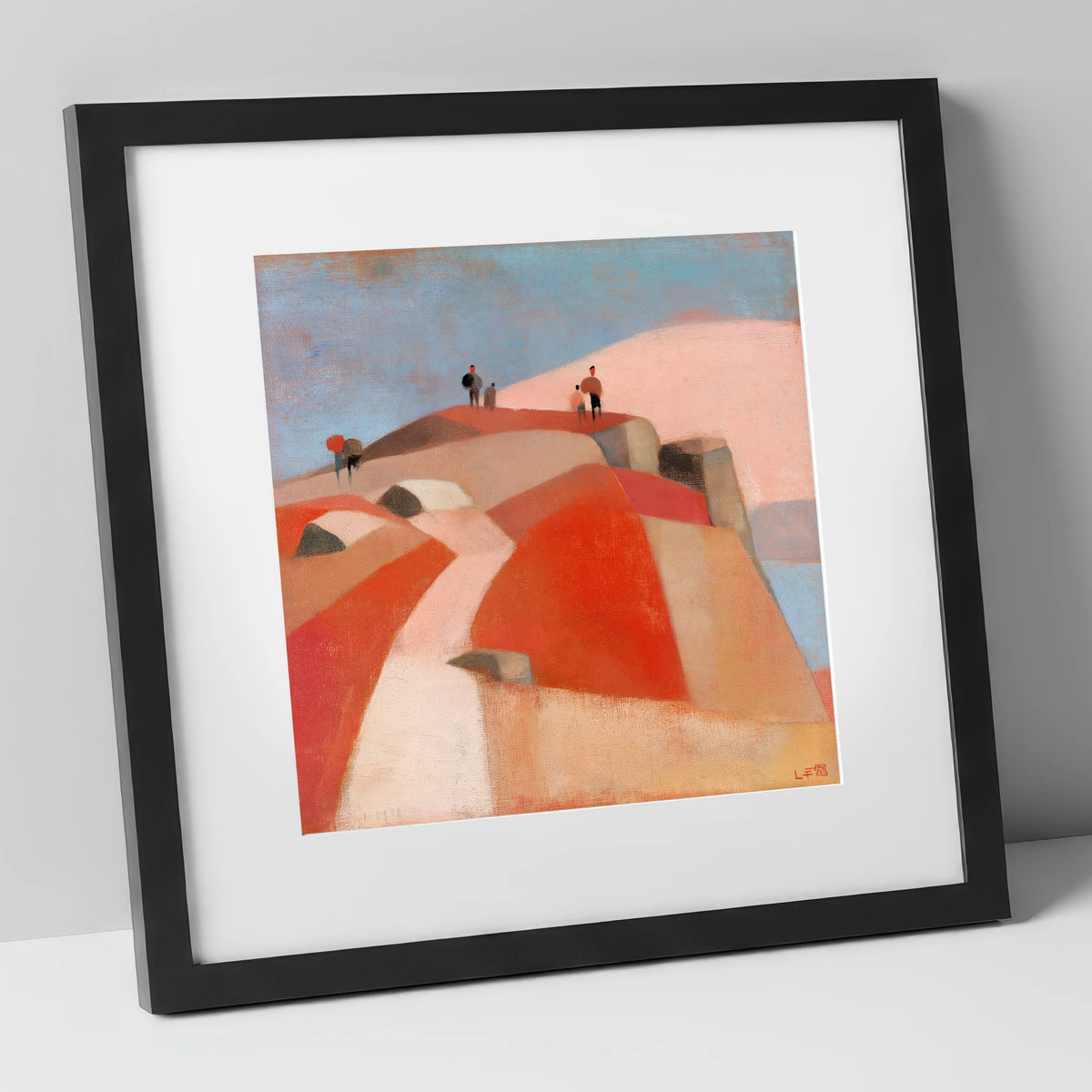 Fell Walkers on a Terracotta Summit lake district fell art print in black frame
