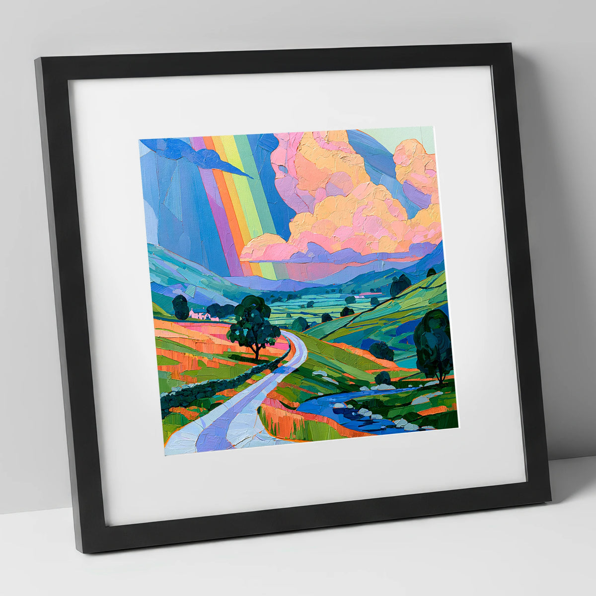 Vibrant Rainbow Over Lakeland Fells lake district sky art print in black frame
