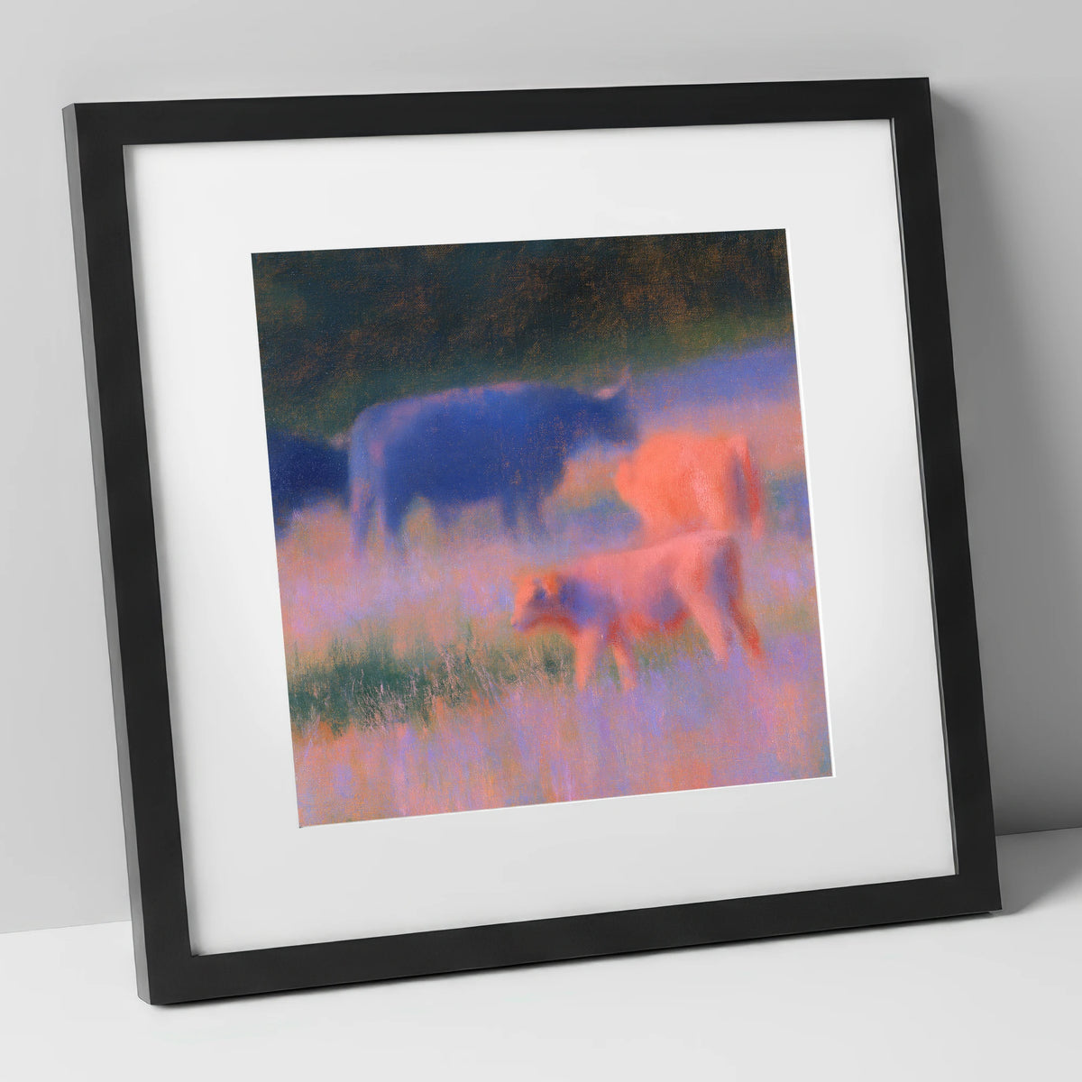 Highland Cattle in Twilight Haze lake district wildlife art print in black frame