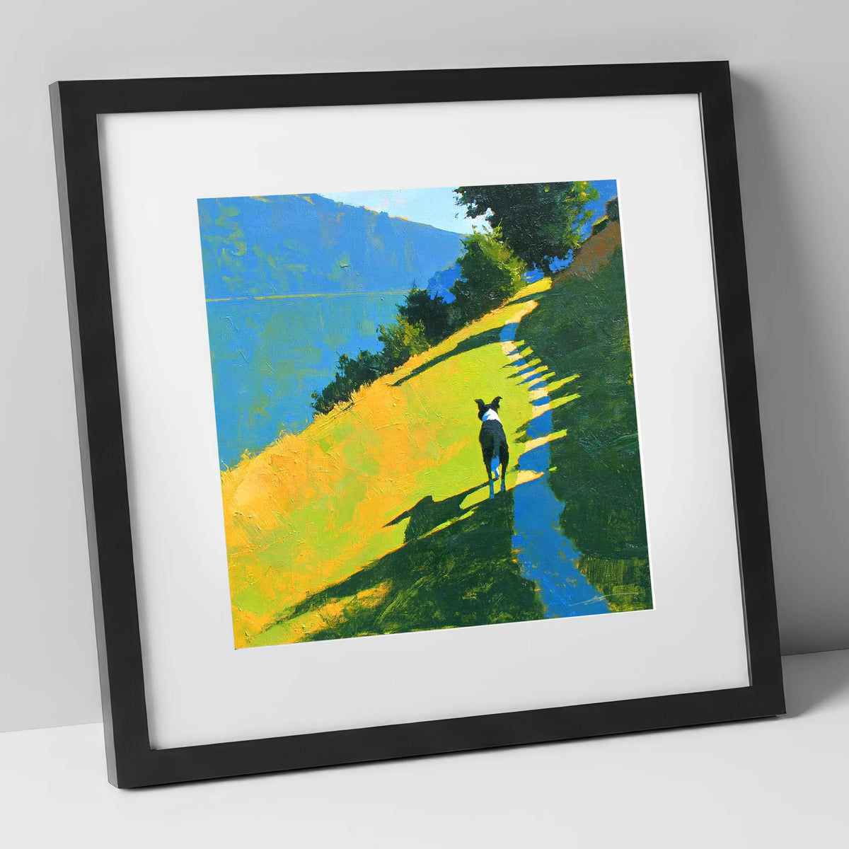 Collie on an Ambleside Path gifts for dog walkers art print in black frame