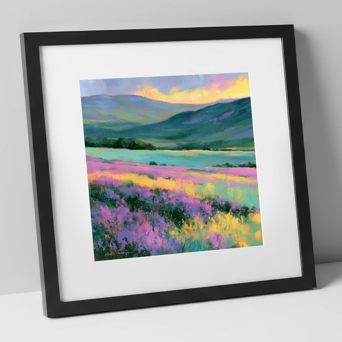Purple Heather Fellside at Sunset flowers & fellsides art print in black frame
