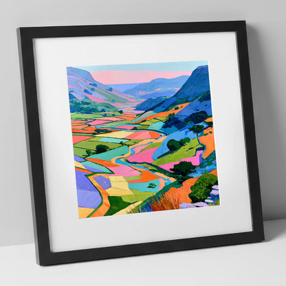 Vibrant Patchwork Fields and Fells lake district valley art print in black frame