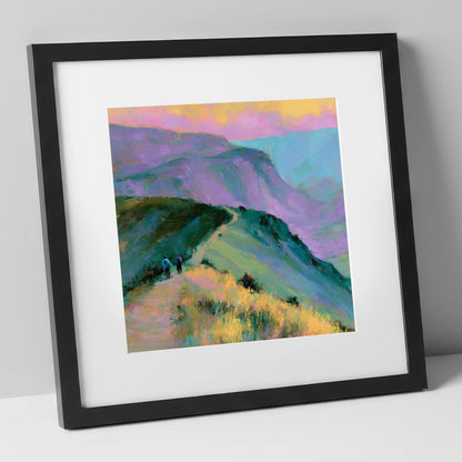 Fell Walkers in Pastel Light lake district walking art print in black frame