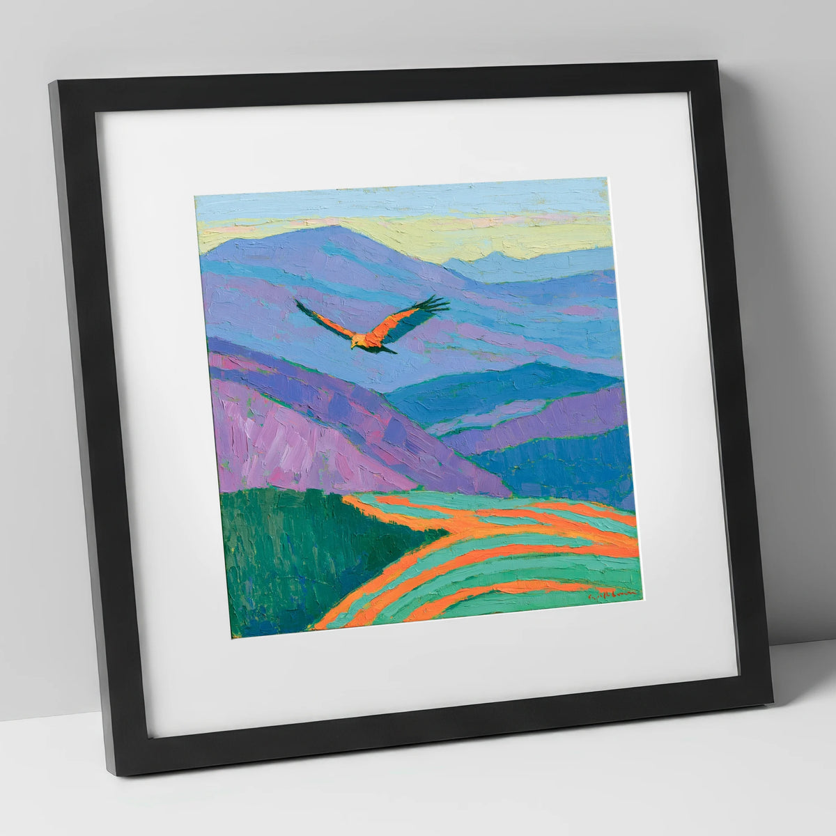 Soaring Buzzard Over Vibrant Fells lake district wildlife art print in black frame