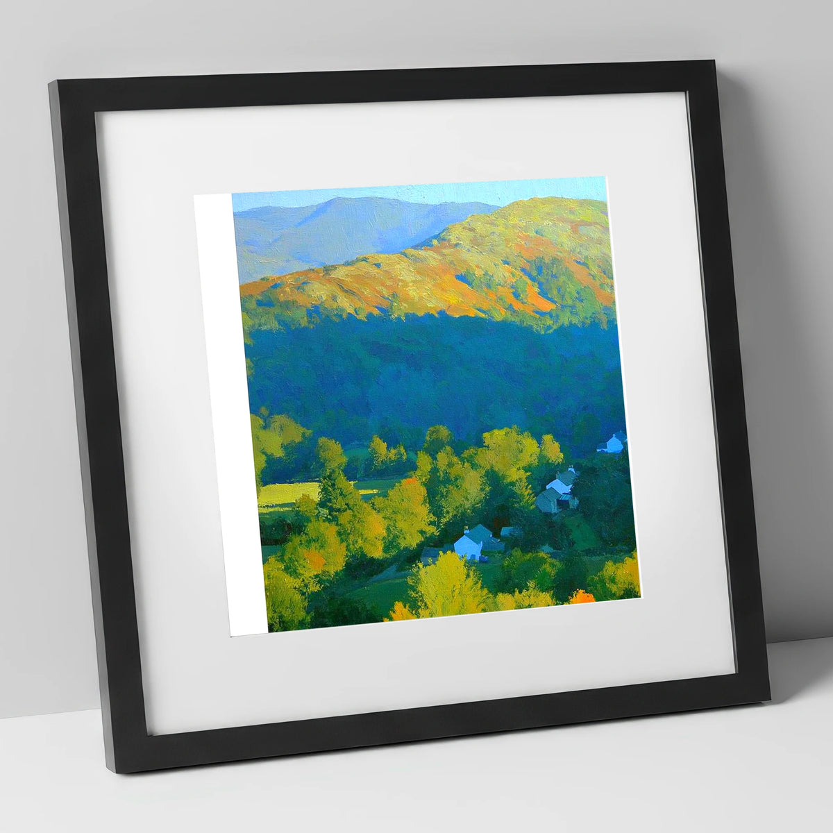 Sunlit Loughrigg Fell Ridge lake district fell art print in black frame