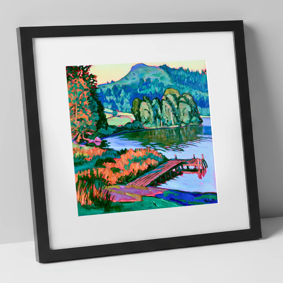 Vibrant Wooden Pier at Grasmere lake district lake art print in black frame