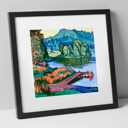Vibrant Wooden Pier at Grasmere lake district lake art print in black frame