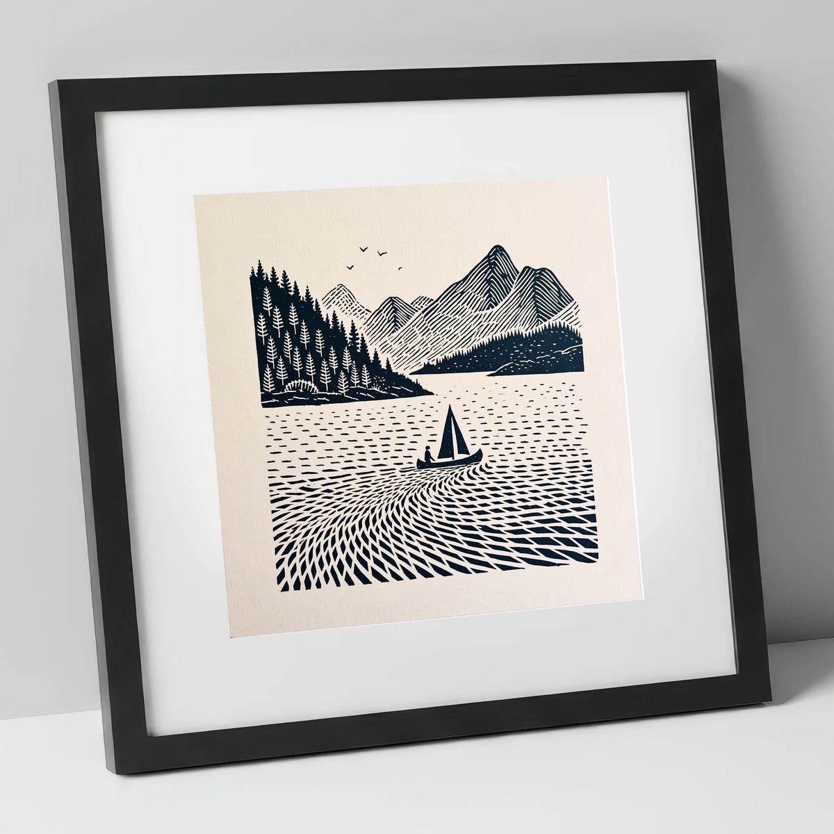 Dark Navy Derwentwater Sailing Scene lake district lake art print in black frame