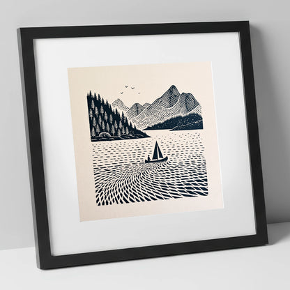 Dark Navy Derwentwater Sailing Scene lake district lake art print in black frame