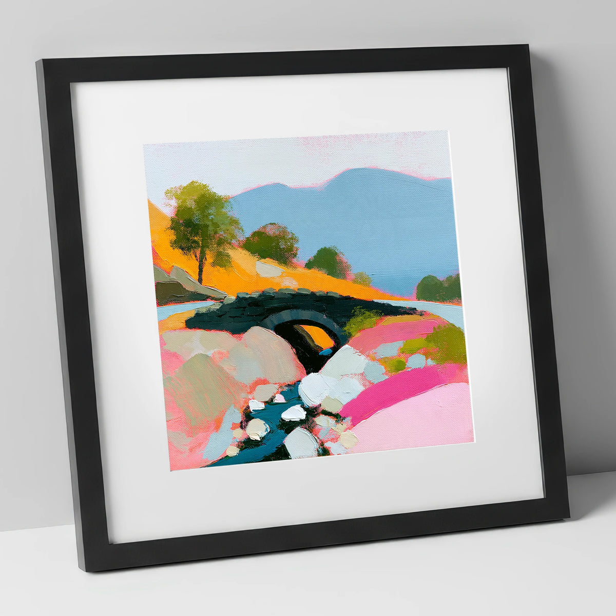 Vibrant Ashness Bridge Borrowdale lake district waterfall art print in black frame