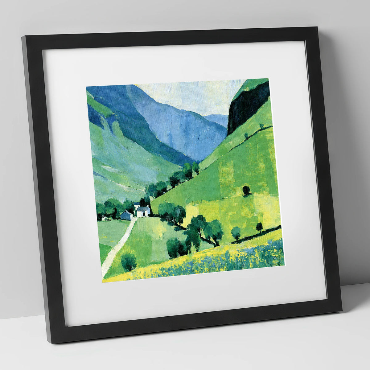 Vibrant Green Valley and Fells lake district valley art print in black frame