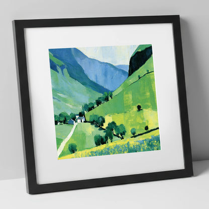 Vibrant Green Valley and Fells lake district valley art print in black frame