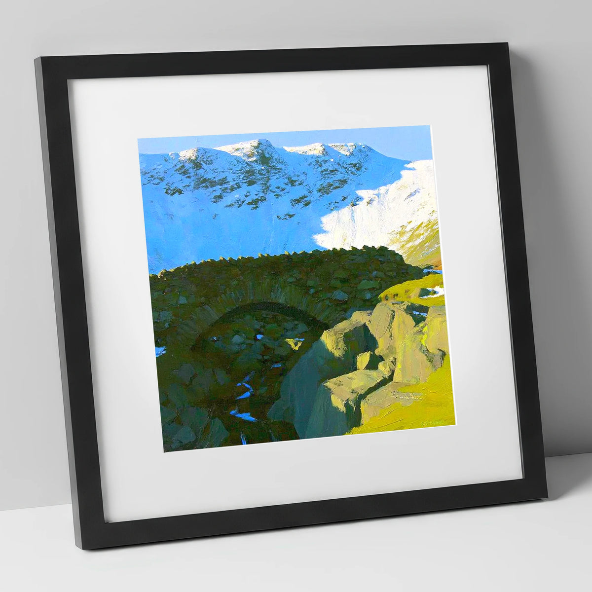 Allen Crags Winter Stone Bridge lake district fell art print in black frame