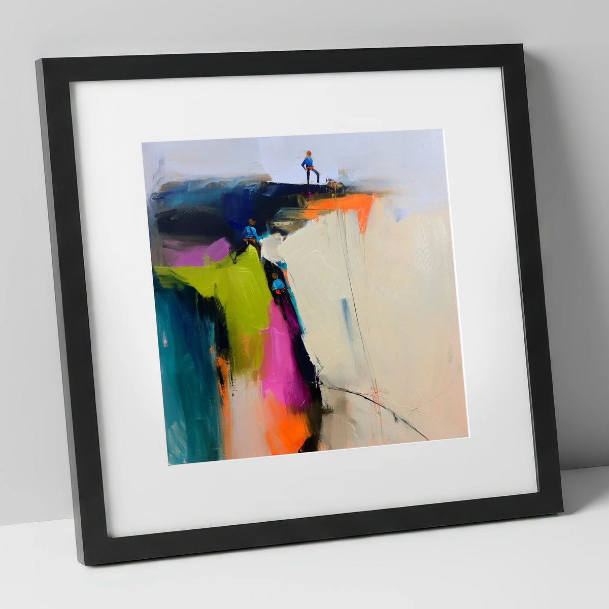 Abstract Climbers on a Crag lake district walking art print in black frame