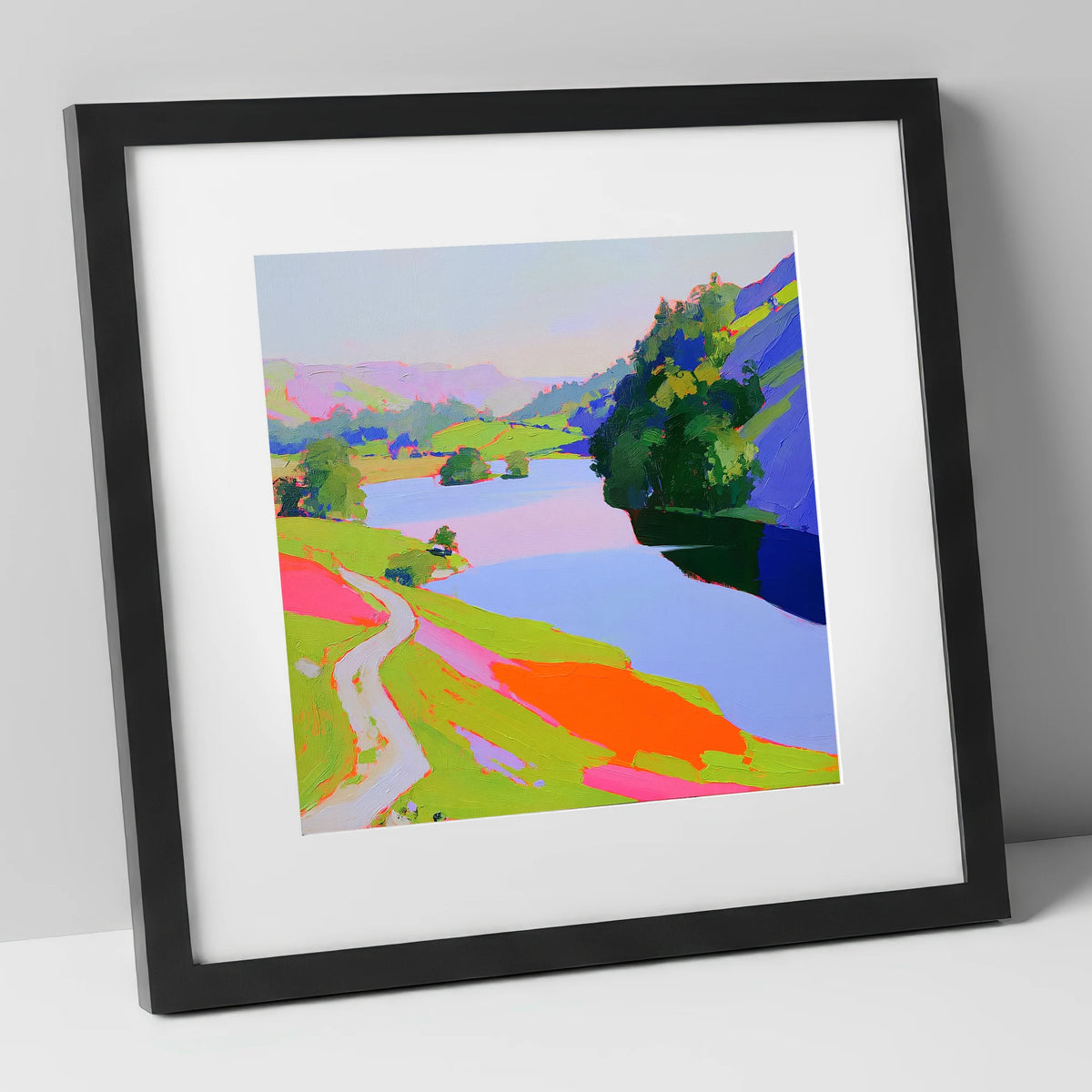 Vibrant Path by Rydal Water lake district lake art print in black frame