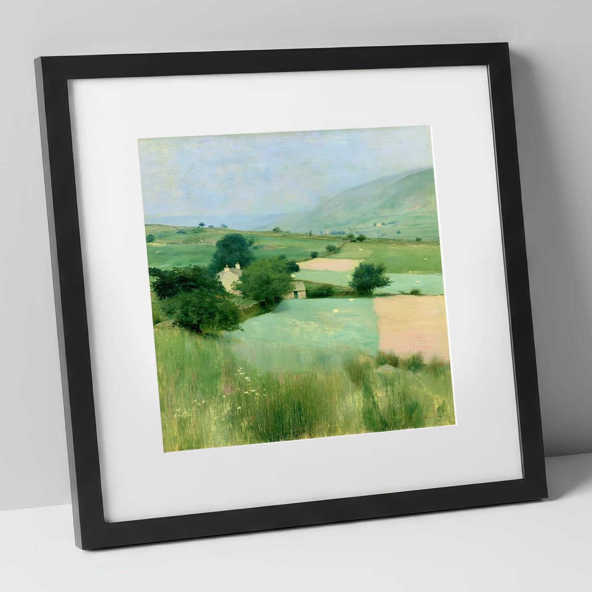 Patchwork Pastures in a Lakeland Dale lake district valley art print in black frame