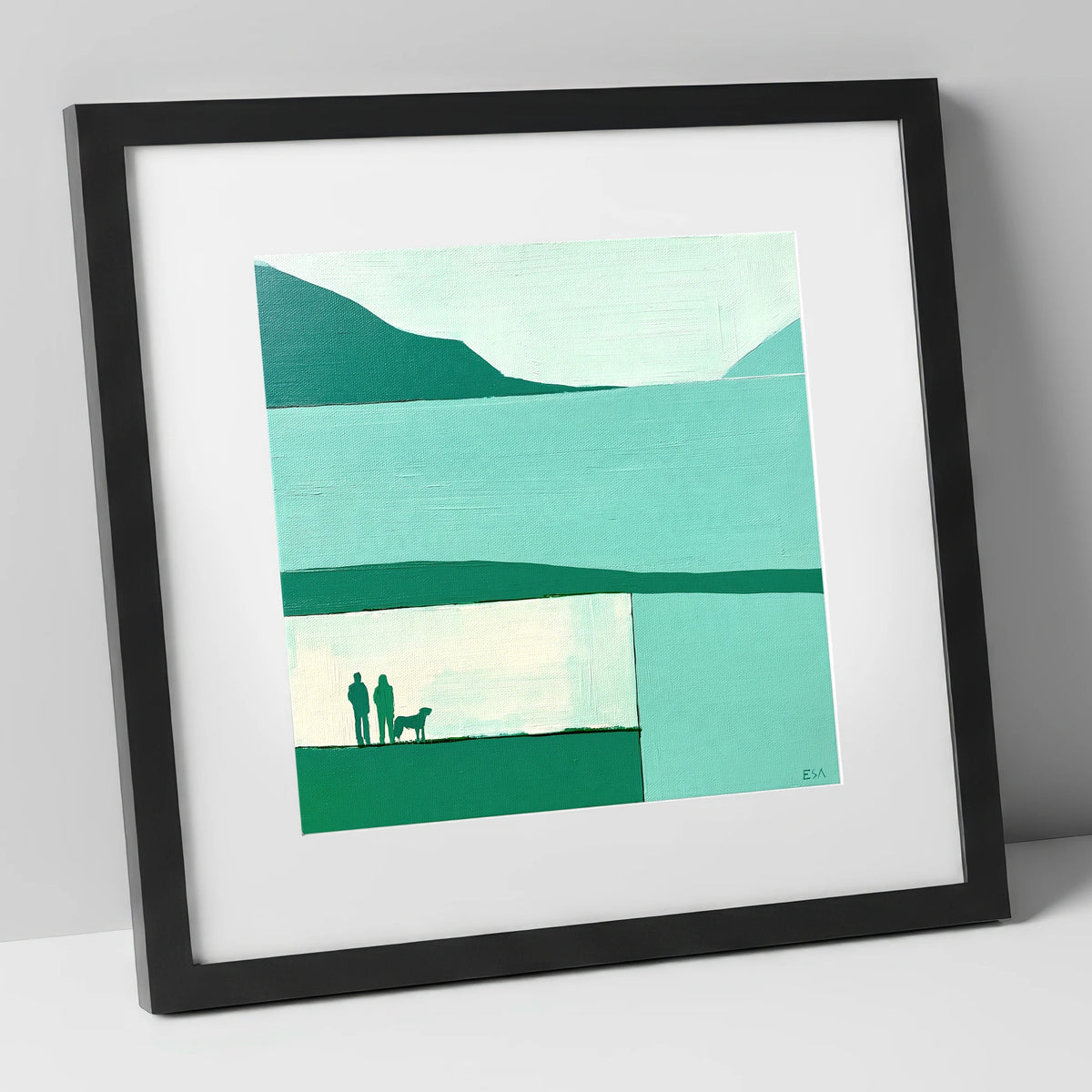 Glenridding Dog Walkers in Teal gifts for dog walkers art print in black frame