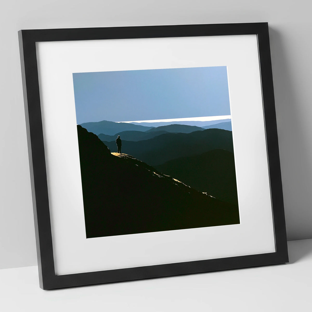Summit View Across Blue Fells lake district fell art print in black frame
