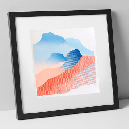 Coral and Blue Langdale Pikes lake district fell art print in black frame