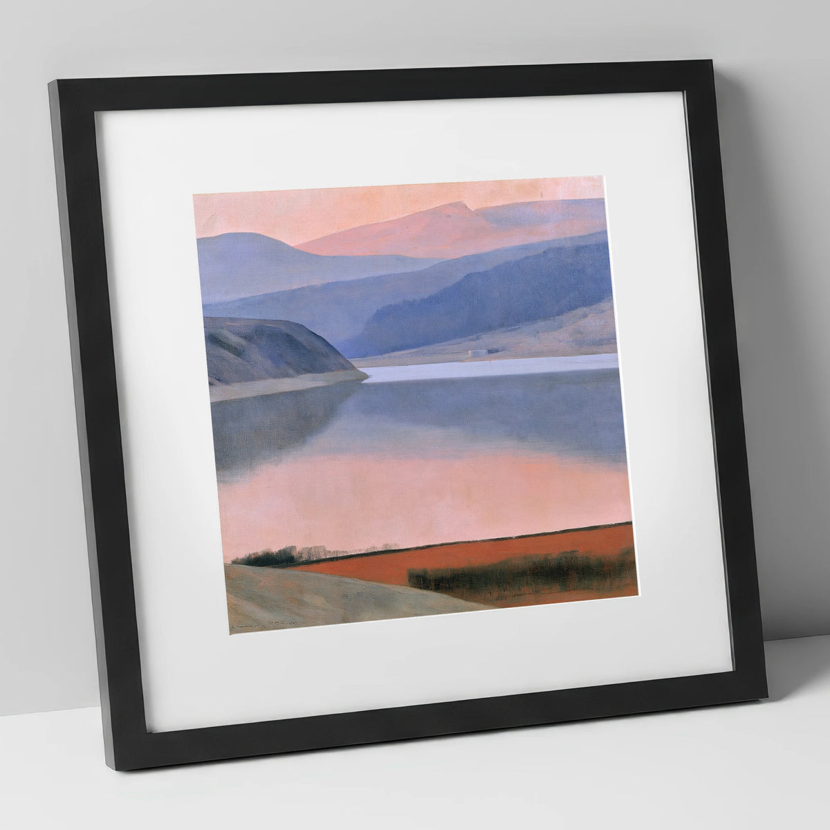 Lake and Fells in Dusk Pink lake district lake art print in black frame
