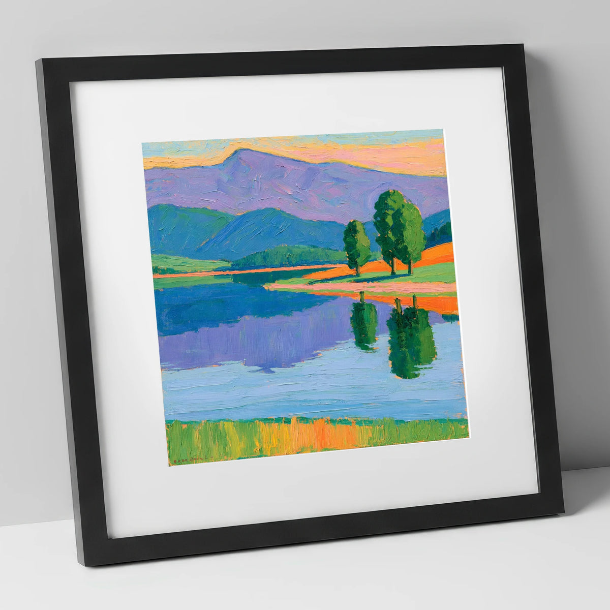 Calm Lake Under Violet Fells lake district lake art print in black frame