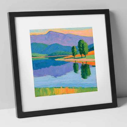 Calm Lake Under Violet Fells lake district lake art print in black frame