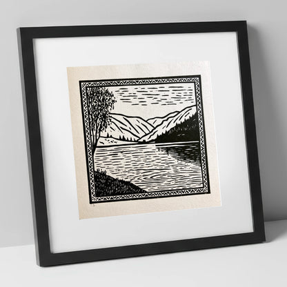 Monochrome Lake at Dawn lake district lake art print in black frame