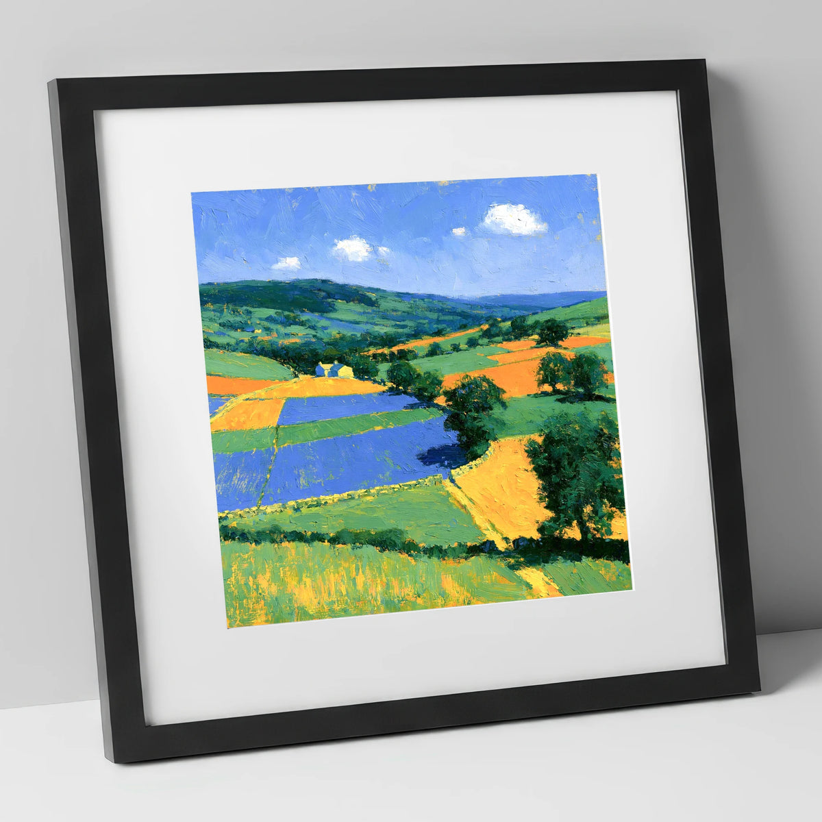 Colourful Dale Patchwork Fields lake district valley art print in black frame
