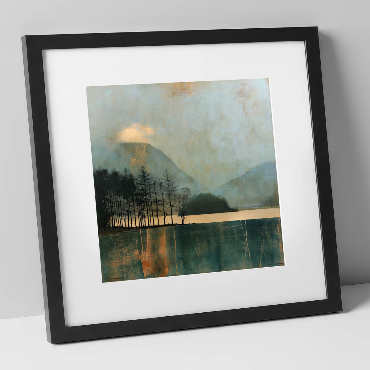 Grasmere Island in Teal and Gold lake district lake art print in black frame