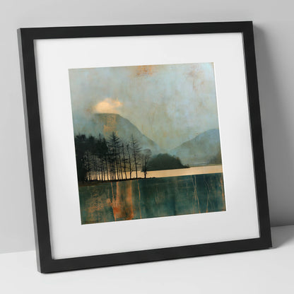 Grasmere Island in Teal and Gold lake district lake art print in black frame