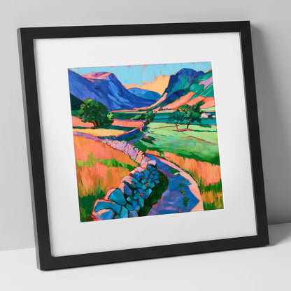 Drystone Wall through a Vibrant Valley lake district valley art print in black frame